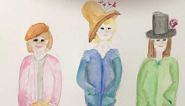 Watercolor art with three women