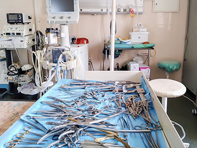 Surgical instrument set is ready to serve patients in an operating room in Kyiv.