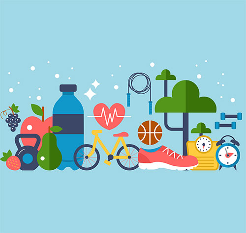 Illustration with exercise, healthy icons