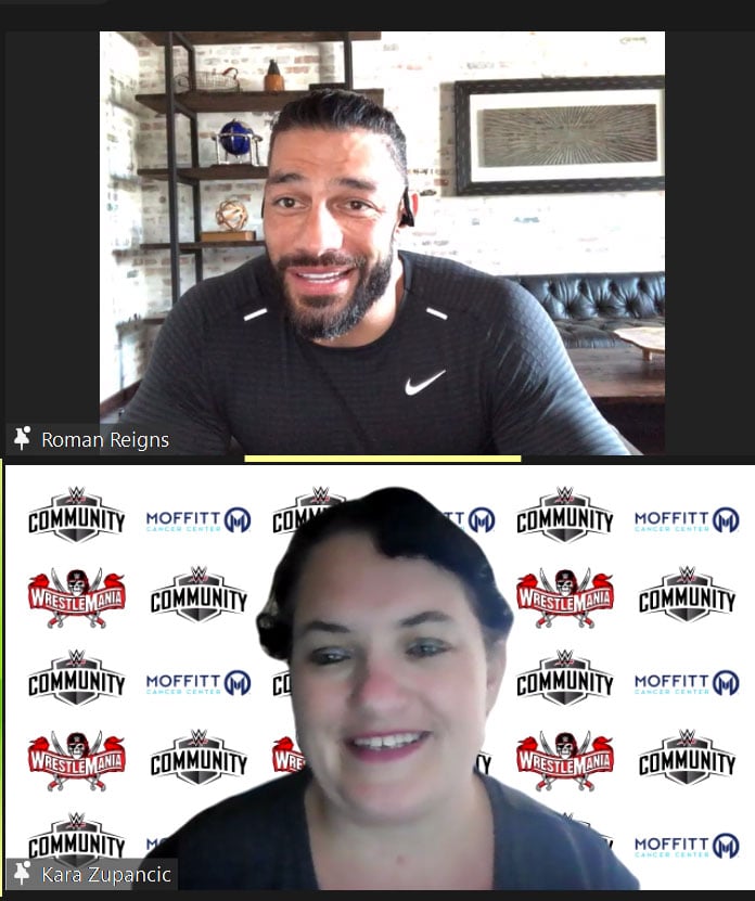 Moffitt team member Kara Zupancic with WWE Superstar Roman Reigns