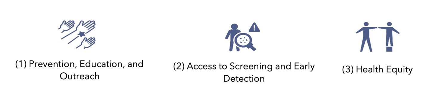 1) Prevention, Education, and Outreach 2) Access to Screening and Early Detection 3) Health Equity