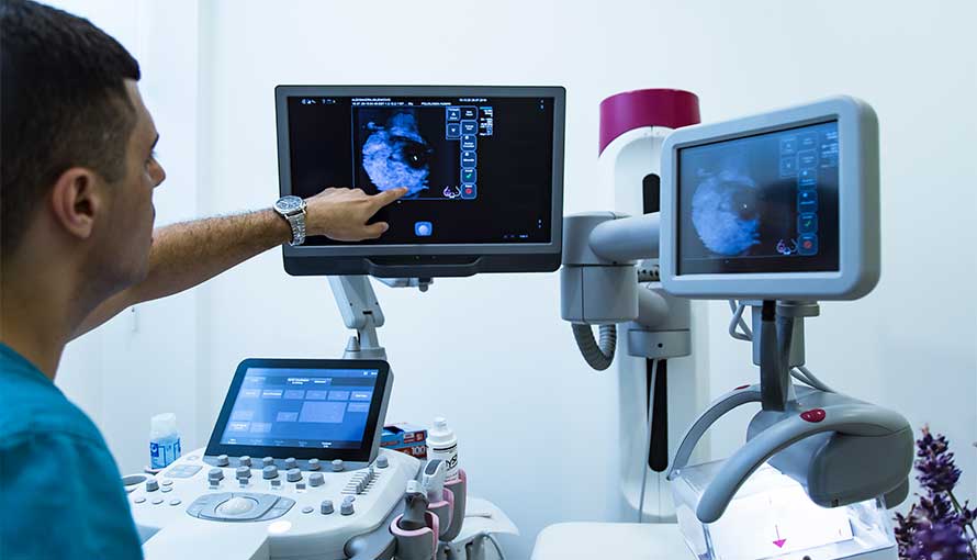 Doctor reading results from mammogram
