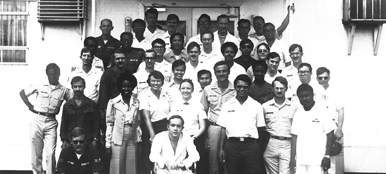 Dr. Lary Robinson with nurses, corpsmen and other doctors in the 56th United States Air Force hospital