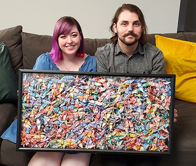 Photo of Brendan & Crystal with paper cranes shadowbox
