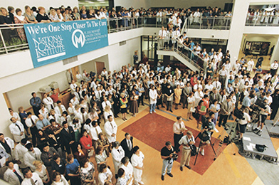 Moffitt employees gather to celebrate receiving NCI designation in 1998.
