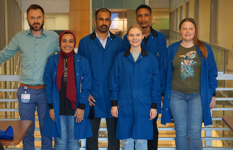 Photo of Dr. ANDRII MONASTYRSKYI's Drug Discovery lab at Moffitt Cancer Center. From left: Dr. Monastyrskyi, NADA ELKHOLY, THIYAGU PANDURANGAN, ANNA IERMOLAIEVA, SEAN CHIN CHAN and ALISA MOROZOVA.