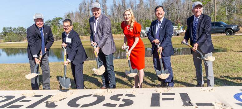 Moffitt broke ground on the 775-acre Speros FL campus in January 2023. From left: Timothy Adams, chair of Moffitt’s Institute Board; U.S. Rep. Gus Bilirakis; Wilton Simpson, Florida Commissioner of Agriculture; U.S. Rep. Laurel Lee; Patrick Hwu, M.D., Moffitt’s president and CEO; and founder H. Lee Moffitt make it official.