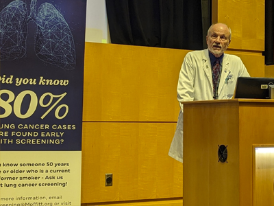 Dr. Lary Robinson announces the opening of Moffitt's new LEAD Center.