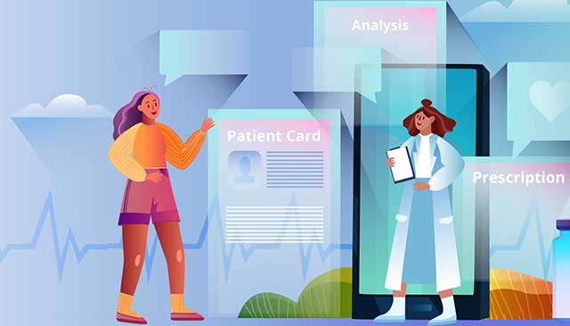 Collage of doctor and patient with medical files, charts, and prescriptions