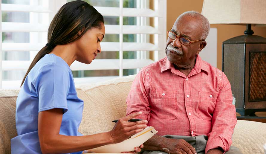 Patient discussing craniotomy options with nurse