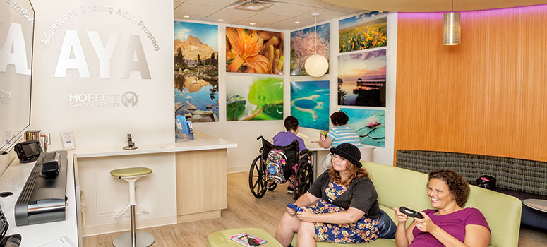 Young adult patients enjoy time in the AYA Lounge.