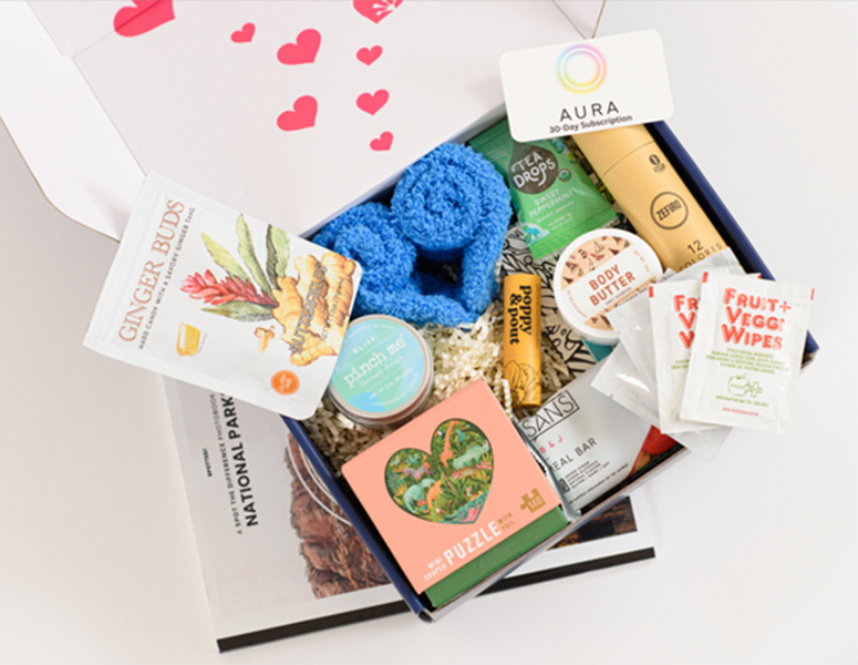 The Leaping Love gift boxes are designed to offer comfort with goodies such as puzzles, lotion and fuzzy socks.