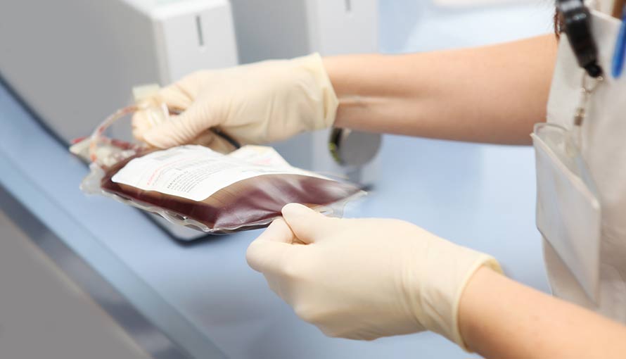 a doctor holding a bag for a blood transfusion