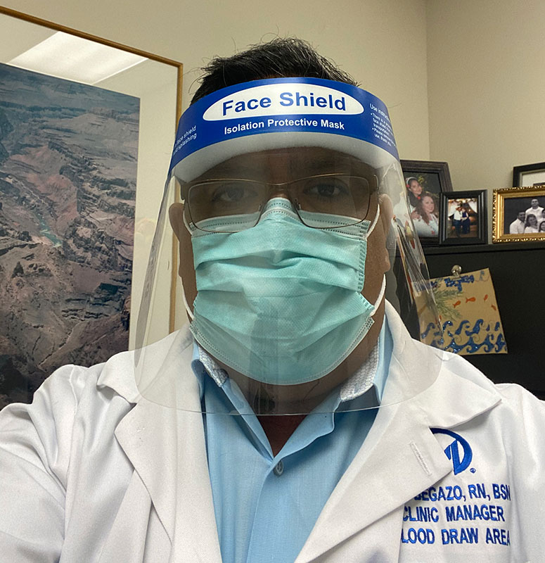 While at work, Begazo follows the COVID-19 protocols, which includes wearing a mask and face shield.