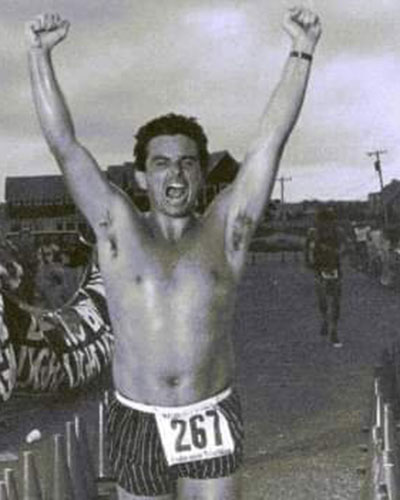 Michael Morris finishes his first Ironman distance race in 1987 in Cape Cod.