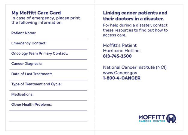 Image of Moffitt's emergency medical wallet card for patients to track treatment information