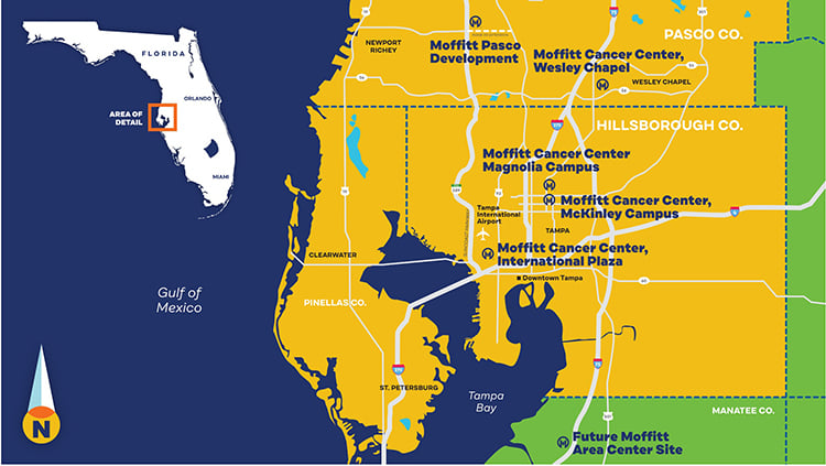 map of Moffitt's campuses and locations in Tampa Bay area