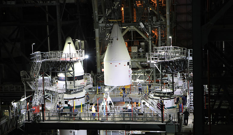 NASA’s Exploration Ground Systems team at the agency’s Kennedy Space Center in Florida has completed stacking the solid rocket boosters that will help power NASA’s Space Launch System rocket for Artemis I. Courtesy: NASA