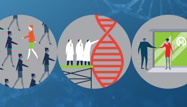 graphic of DNA and Researchers