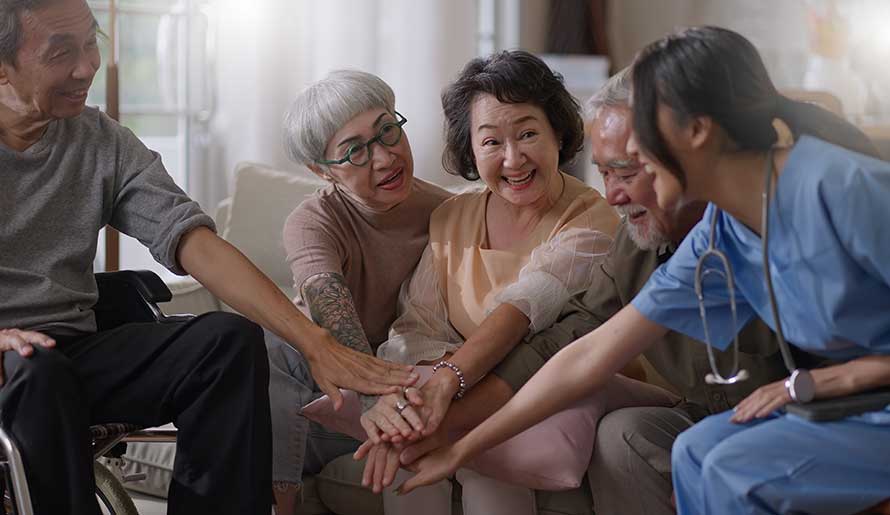 group of caregivers with a medical professional