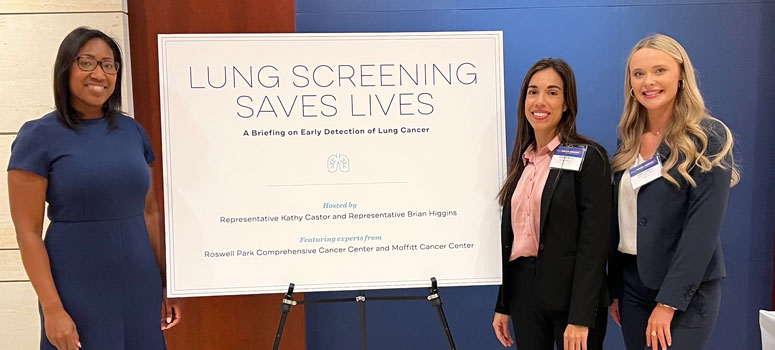 From left: Jhanelle Gray, MD, research coordinator Monica Reyes and community relations specialist Haley Tolbert traveled to Washington, D.C., in September 2022 to advocate for support for increased lung cancer screening efforts.
