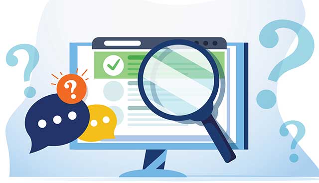 Animated laptop with text on screen surrounded by question marks