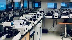 EMMA microscopes line a counter