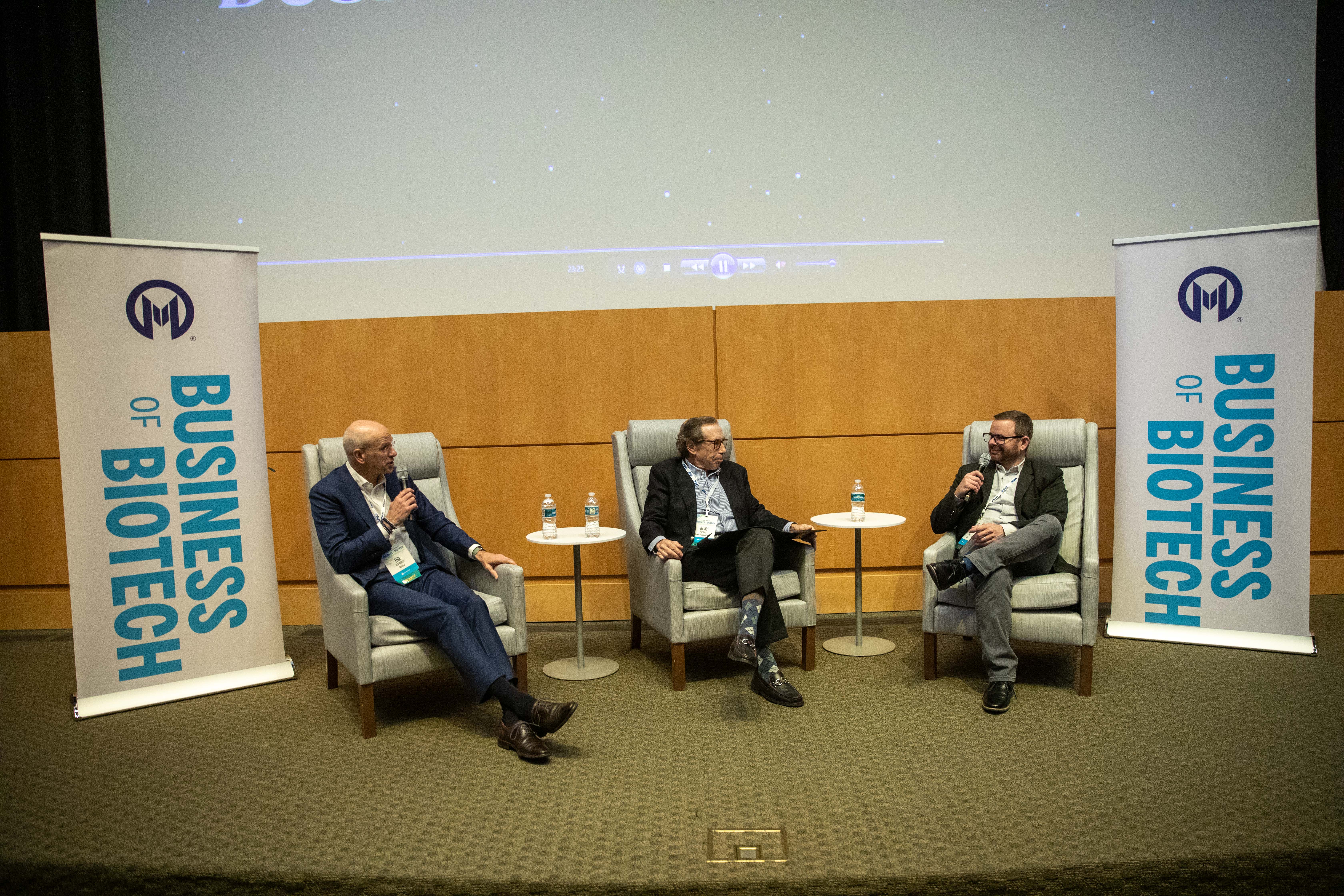 Guest sitting on a stage for the Business of Biotech Life Sciences keynote session