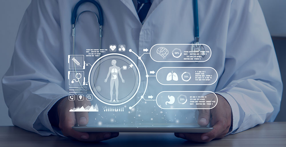 AI researcher in front of screen with data points