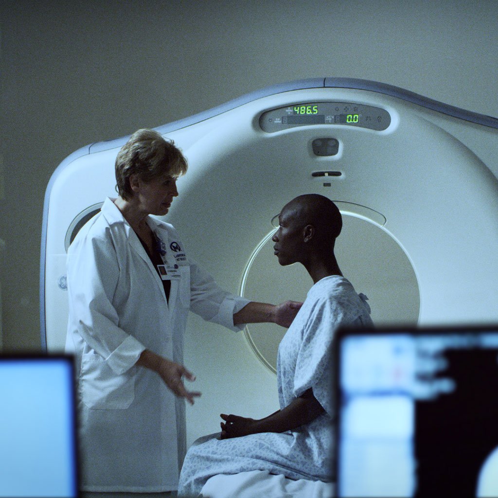 Patient comforted by nurse before scan