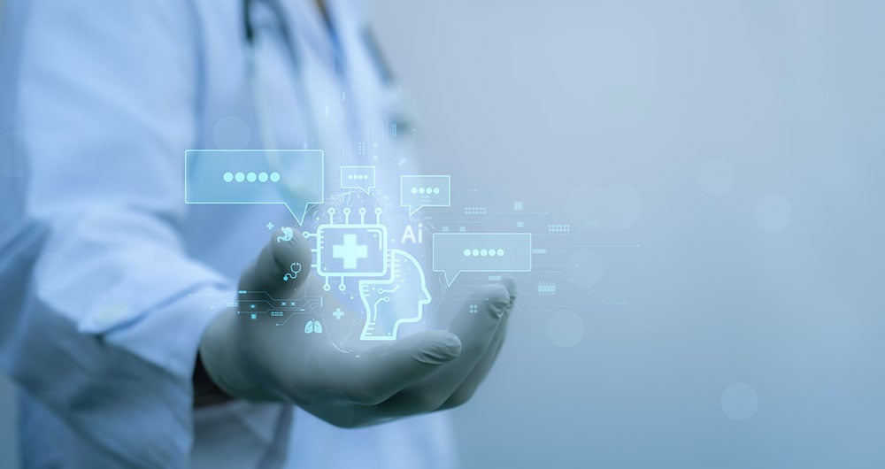 Man with hand held out and AI graphic